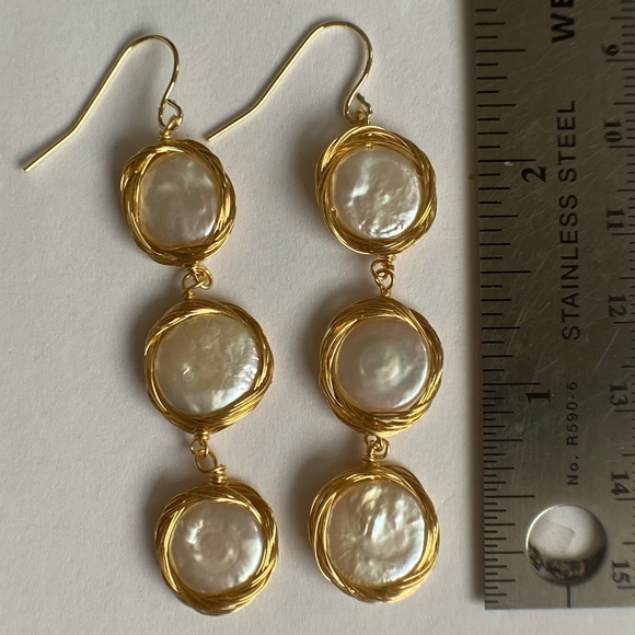 Handmade White 3 Coin Pearl Dangle Earring 14K Yellow Gold Plate - Picture 5 of 6